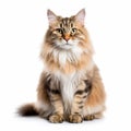 Beautiful Longhaired Golden Tabby Siberian Cat On White Background