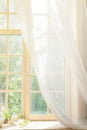 White Curtain and Wood Window Frame High key Background with sunlight Royalty Free Stock Photo