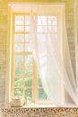 White Curtain and Wood Window Frame High key Background with sunlight Royalty Free Stock Photo