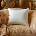 White cushion resting on an ornate sofa with gold vases in the background in a cozy setting Royalty Free Stock Photo