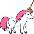 White cute cartoon unicorn with pink mane and golden horn