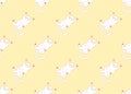 White Cute Cat Laying on Back Seamless Yellow Background. Vector Illustration.