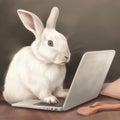 White Cute Eastern bunny using a laptop generative AI