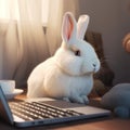 White Cute Eastern Rabbit using a laptop generative AI