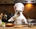 White cute french bulldog wearing chef clothes cooking.