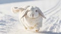 White Cute Holland lop rabbit running toward the camera in the snow. Royalty Free Stock Photo