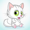 White cute kitty with green eyes sitting. Vector cartoon cat