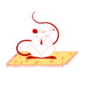 White cute mouse meditates on the carpet, rug