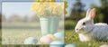 White, cute rabbit and Easter eggs. Panorama. A hare on a green meadow. Easter background with copy space. Art little easter bunny Royalty Free Stock Photo