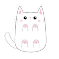 White cute sad cat baby kitten. Bottom below view. Pink paw print hand. Blush cheeks. Contour silhouette. Kawaii animal. Cartoon k