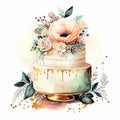 White Cute Watercolor Wedding Cake on white background Generative AI