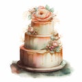 White Cute Watercolor Wedding Cake on white background Generative AI