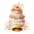 White Cute Watercolor Wedding Cake on white background Generative AI