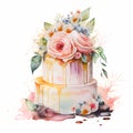 White Cute Watercolor Wedding Cake on white background Generative AI