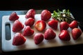 A white cutting board filled with hulled strawberries. Royalty Free Stock Photo