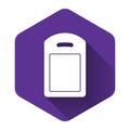 White Cutting board icon isolated with long shadow. Chopping Board symbol. Purple hexagon button