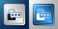 White Cyber security icon isolated on blue and grey background. Closed padlock on digital circuit board. Safety concept Royalty Free Stock Photo