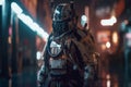 White cyberpunk samurai in armor on cyberpunk city street with reflections. Highly detailed and realistic with dramatic lighting