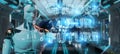 White cyborg using future decision text interface 3D rendering
