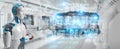 White cyborg using future decision text interface 3D rendering