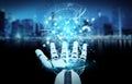 White cyborg hand using digital eye surveillance hologram 3D rendering Royalty Free Stock Photo