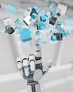 White cyborg hand using blue digital cube structure 3D rendering