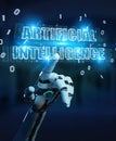White cyborg hand using digital artificial intelligence text hol Royalty Free Stock Photo