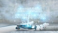 White cyborg hand using digital artificial intelligence text hologram 3D rendering