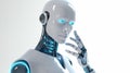 White cyborg thinking. Humanoid robot thinking on white background. Generative AI