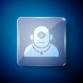 White Cyclops icon isolated on blue background. Square glass panels. Vector