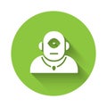 White Cyclops icon isolated with long shadow. Green circle button. Vector