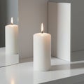 A white cylindrical candle on a reflective surface casts a warm glow. Its flame is small Royalty Free Stock Photo