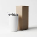 A white cylindrical container with a metallic lid next to a cardboard box on a white background Royalty Free Stock Photo