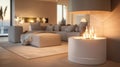 A white cylindrical fireplace breaks the monotony of a neutralcolored room its curved shape and minimalistic design