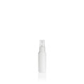 White cylindrical small PEHD bottle container with transparent spray pump on white background.