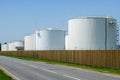 White cylindrical storage tanks for petroleum products