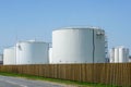 White cylindrical storage tanks for petroleum products