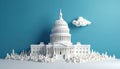 White 3D architectural model of government building with dome, columns, set against blue background. Stylized white clouds float Royalty Free Stock Photo