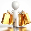 White 3D figure with golden shopping bags