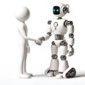 White 3D figure greets a robot. Time for technology and friendship. AI generated