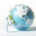 White 3D figure next to the earth globe. Sustainability and environment concept. AI generated Royalty Free Stock Photo