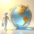 White 3D figure next to the earth globe. Sustainability and environment concept. AI generated Royalty Free Stock Photo