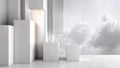 White 3D geometric blocks background with soft clouds and copy space Royalty Free Stock Photo