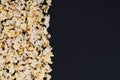 White 3d glasses,metal can with a drink, popcorn on a black background, top view, copyspace Royalty Free Stock Photo