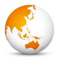 White 3D Globe Icon with Orange Continents. Focus on Australia,