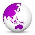 White 3D Globe Icon with Purple Continents. Focus on Australia,