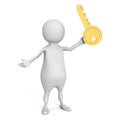 White 3d man with big golden success key Royalty Free Stock Photo