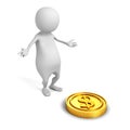 White 3d man find golden dollar coin. financial success concept