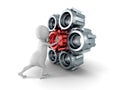 White 3d man pushing red cogwheel gear to mechanism Royalty Free Stock Photo