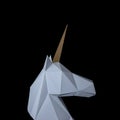 White 3d papercraft model of unicorn head on black background. Minimal art concept